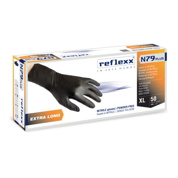 REFLEXX N79, перчатки нитриловые, сверхдлинные, черные, размер XL, упаковка 50 штук