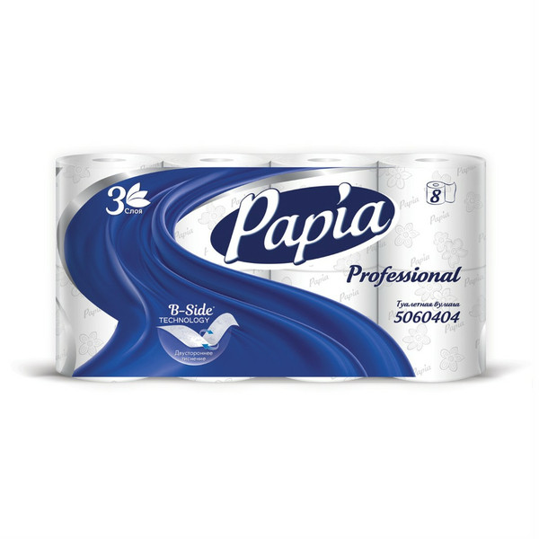 PAPIA PROFESSIONAL, бумага туалетная, белая, 3-слойная, упаковка 8 рулонов