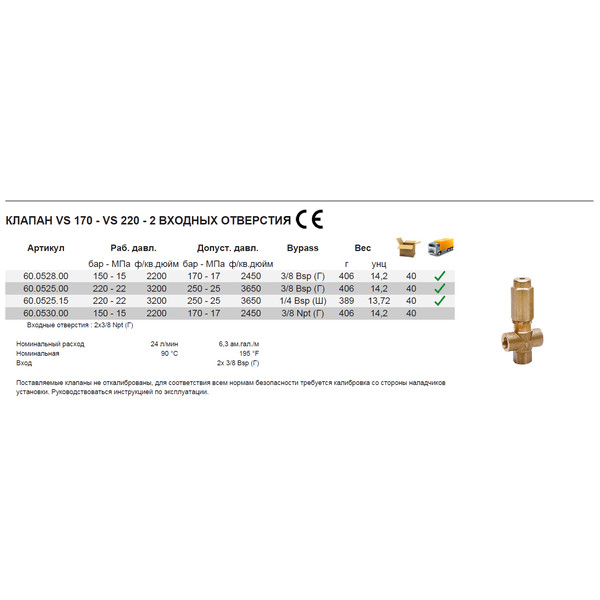 КЛАПАН предохранительный, VS 220, 250 бар, 24 л/мин, 3/8